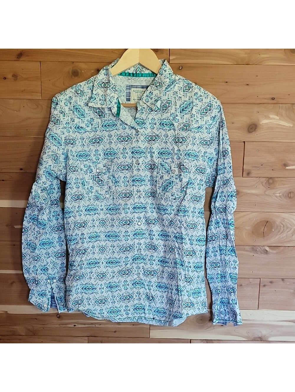 Panhandle Rough Stock Pearl Snap Top, Size L, White, Teal, Navy, & Grey, Western - Picture 2 of 8
